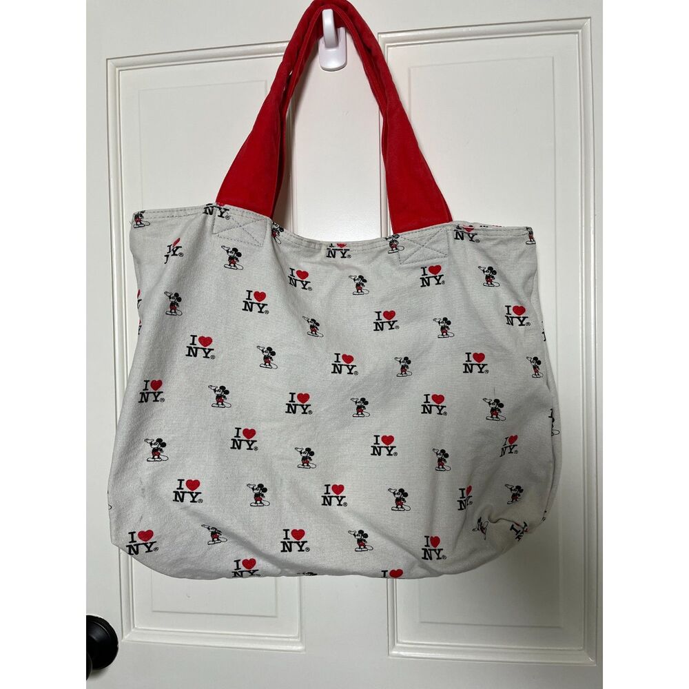 Disney Store Mickey Mouse I Love NY New York Canvas Tote Bag Red Handles